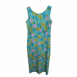 Vintage 60's 70's Long Maxi Floral Sleeveless Sheath Dress Crinkle Blue Green